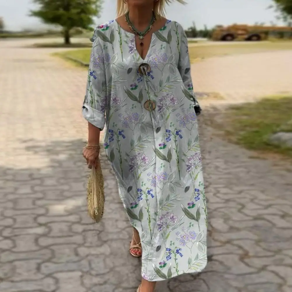 

Printed Design Dress Floral Print Maxi Dress with V Neck Side Pockets Women's Loose Ninth Sleeve Casual Long Dress for Fall