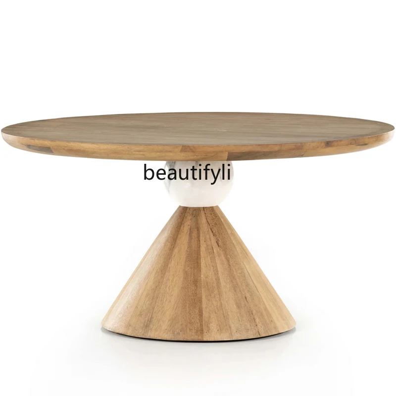 Medieval solid wood round French retro solid wood dining table modern simple wabi sabi dining table