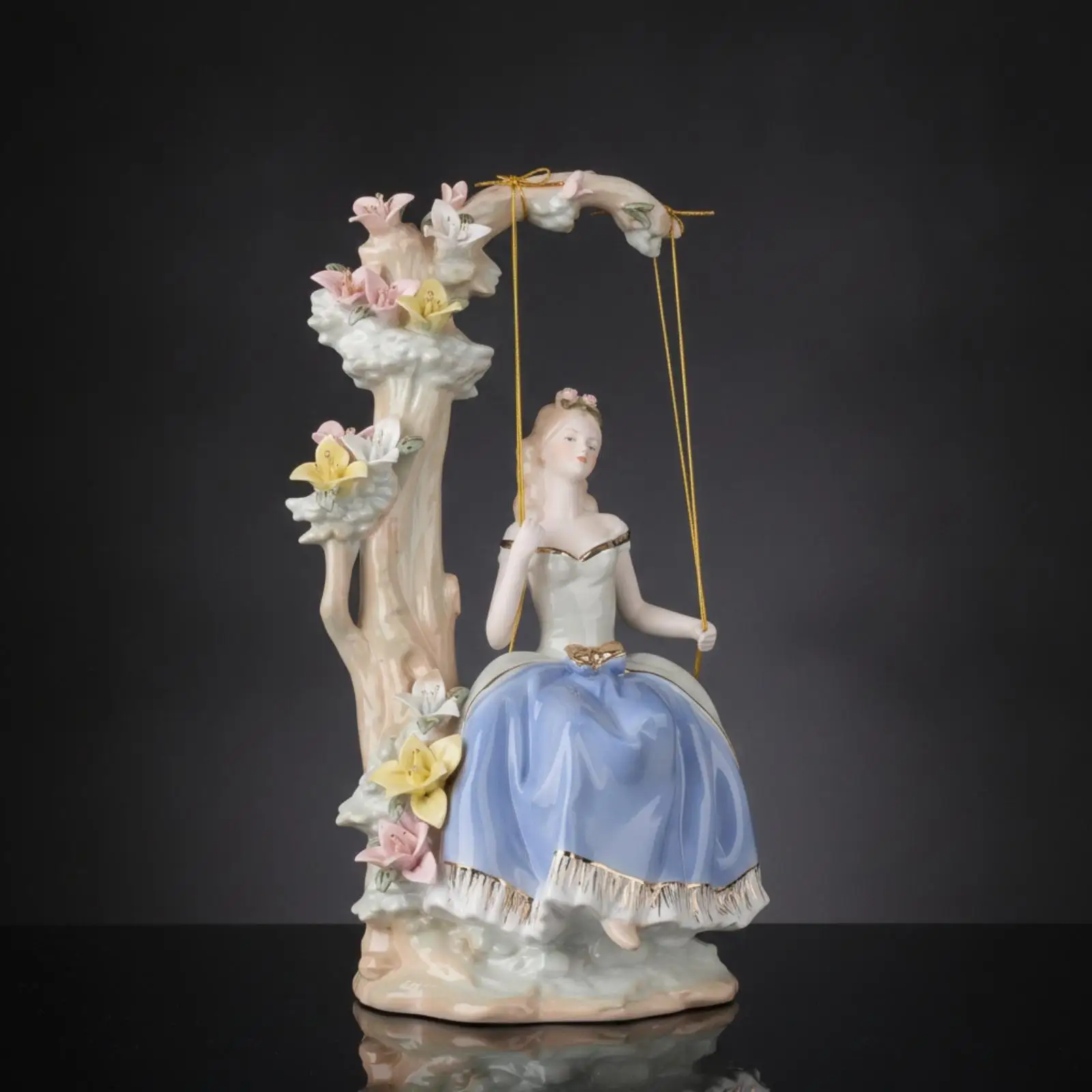 Girl on Swing Figurine European Ceramic Girl on Swing Glossy Figurine with