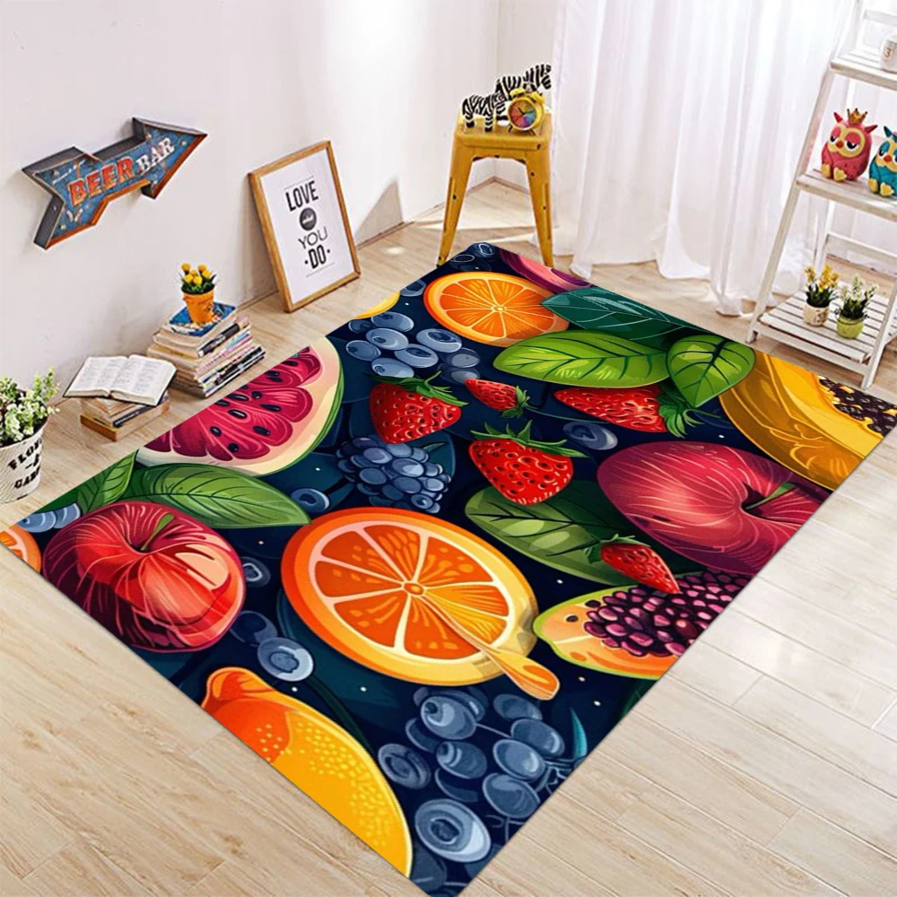 Fruit Themed Carpet With Vivid Fruit Patterns Strawberry Blueberry Lemon Colorful Cartoon Style NonSlip Rug For Kids Room