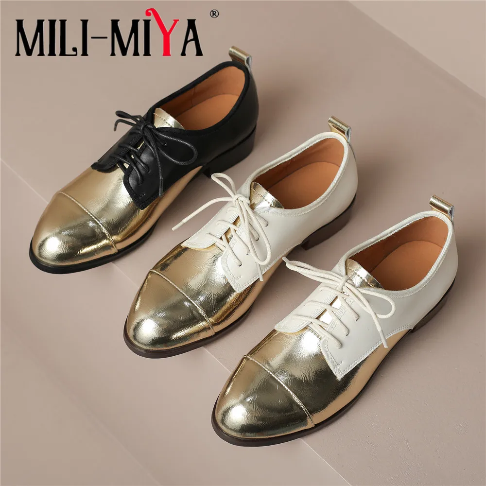 MILI-MIYA Fashion Classic Brogue Shoes Women Metal Cow Leather Pumps Mixed Color Comfortable Lace Up Big Size 34-40 For Ladies