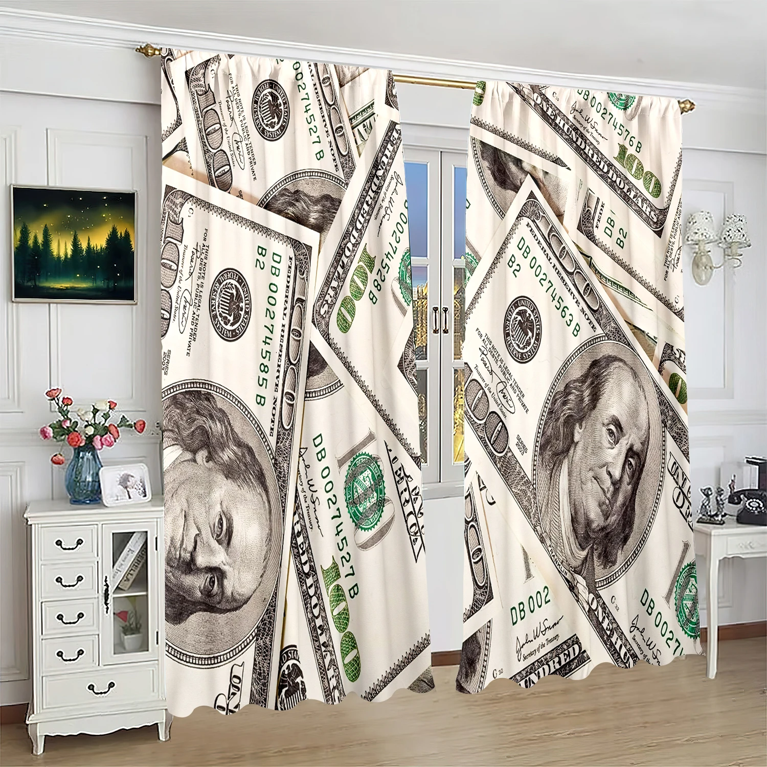 2 pieces of U.S. dollar printing curtain - polyester material - suitable for bedroom living room study room priva