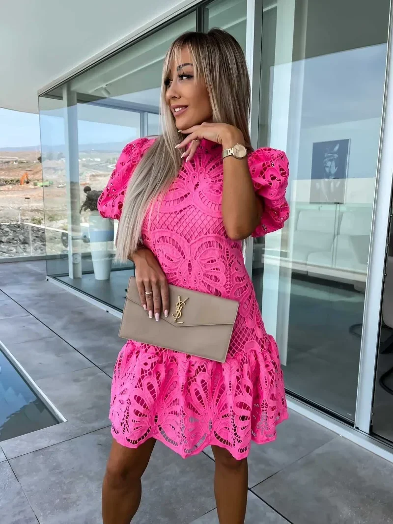 Vestido de verano para mujer, minivestido de fiesta de encaje calado, cuello redondo, corte en A, vestido de graduación de talla grande, ropa para mujer