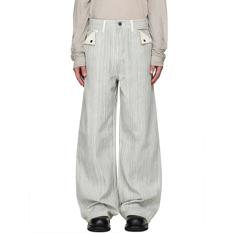 2026 American Retro Grey Striped Loose Straight Leg Pants Versatile High Waist Trousers for Men Sporty Clean Fit