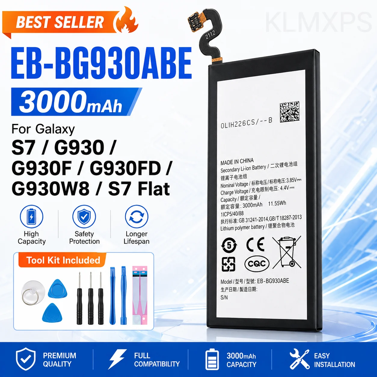 High Quality EB-BG930ABE 3000mAh Phone Battery for Samsung Galaxy S7 All Versions With Repair Tools