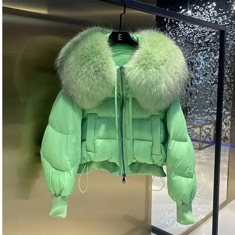 Winte Green Big Luxury Fur Collar Parka Duck Down Coat Thicken Warm Snow Parka Female Loose Puffer Jacket Outerwear Women