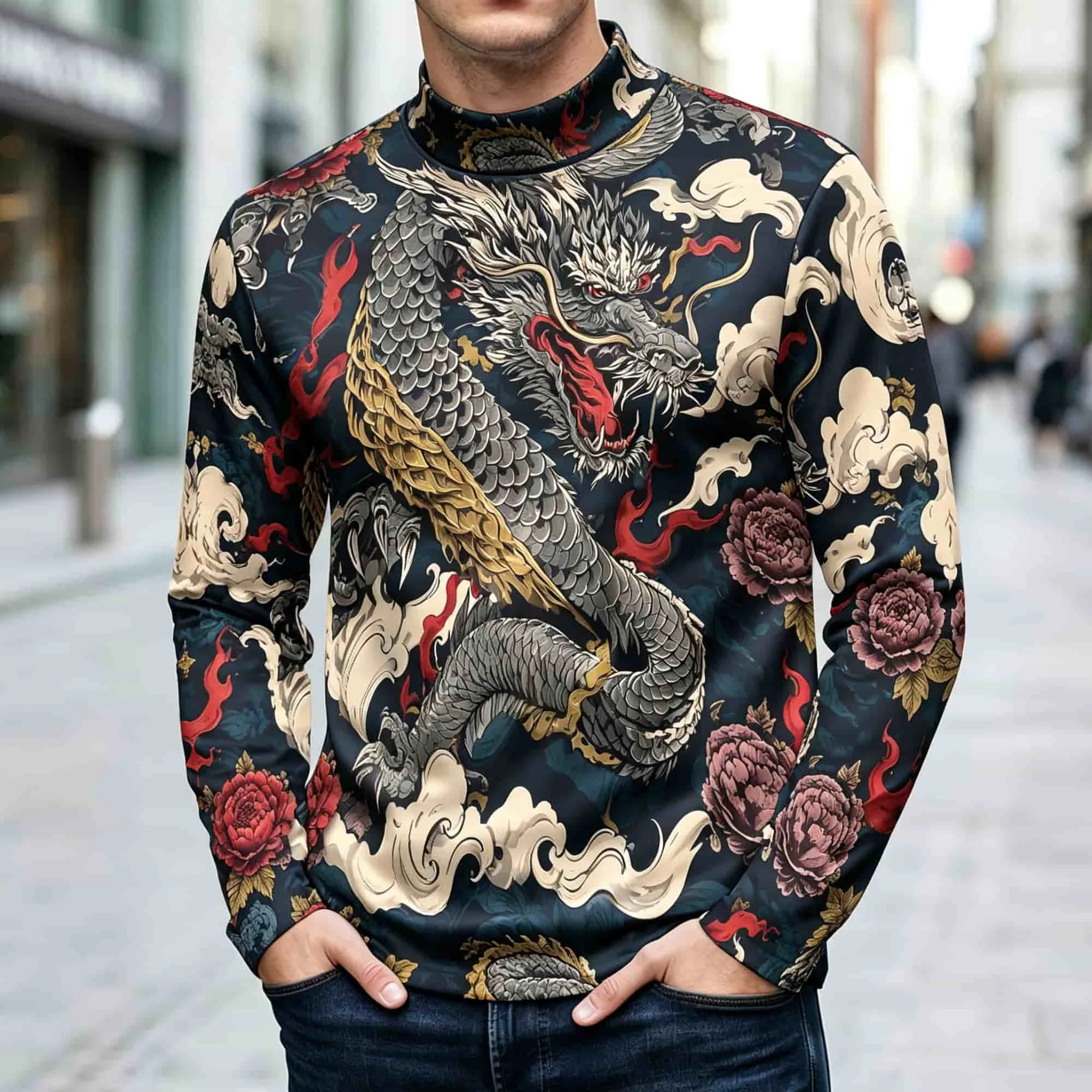 Traditional Chinese Dragon Peony Cloud Full‑Print Top Men’s Street Fashion Casual Long‑Sleeve Tee Shirt