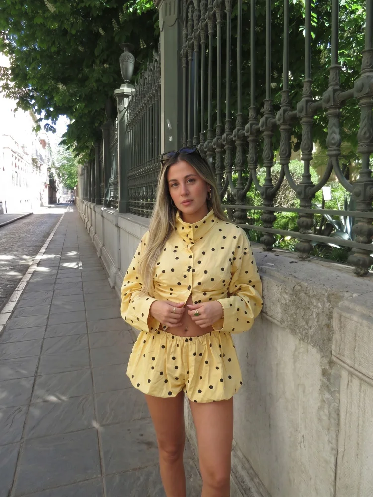HH Women Fashion Shorts Suit Pleated Long Sleeve Yellow Polka Dot Jackets Summer Elastic Loose Balloon Shorts Holiday Casual Set