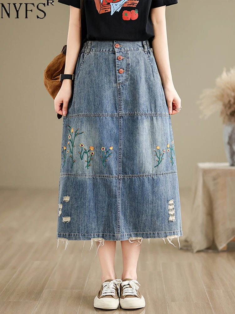 

NYFS 2024 SummerNew Woman Skirt Loose Plus Sizet Embroidery Holes Denim Skirts Faldas Mujer Saias