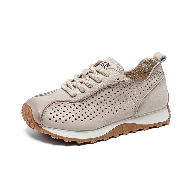 2026 Summer Hollow Out Breathable Casual Sneakers Women Genuine Cow Leather Flat Shoes Lace-Up Comfort Soft Women Shoes