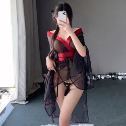 Japanese Phantom Printed Kimono Set Women Sexy Lingerie Cross-collar Design Deep V Cleavage Black Exotic Costumes