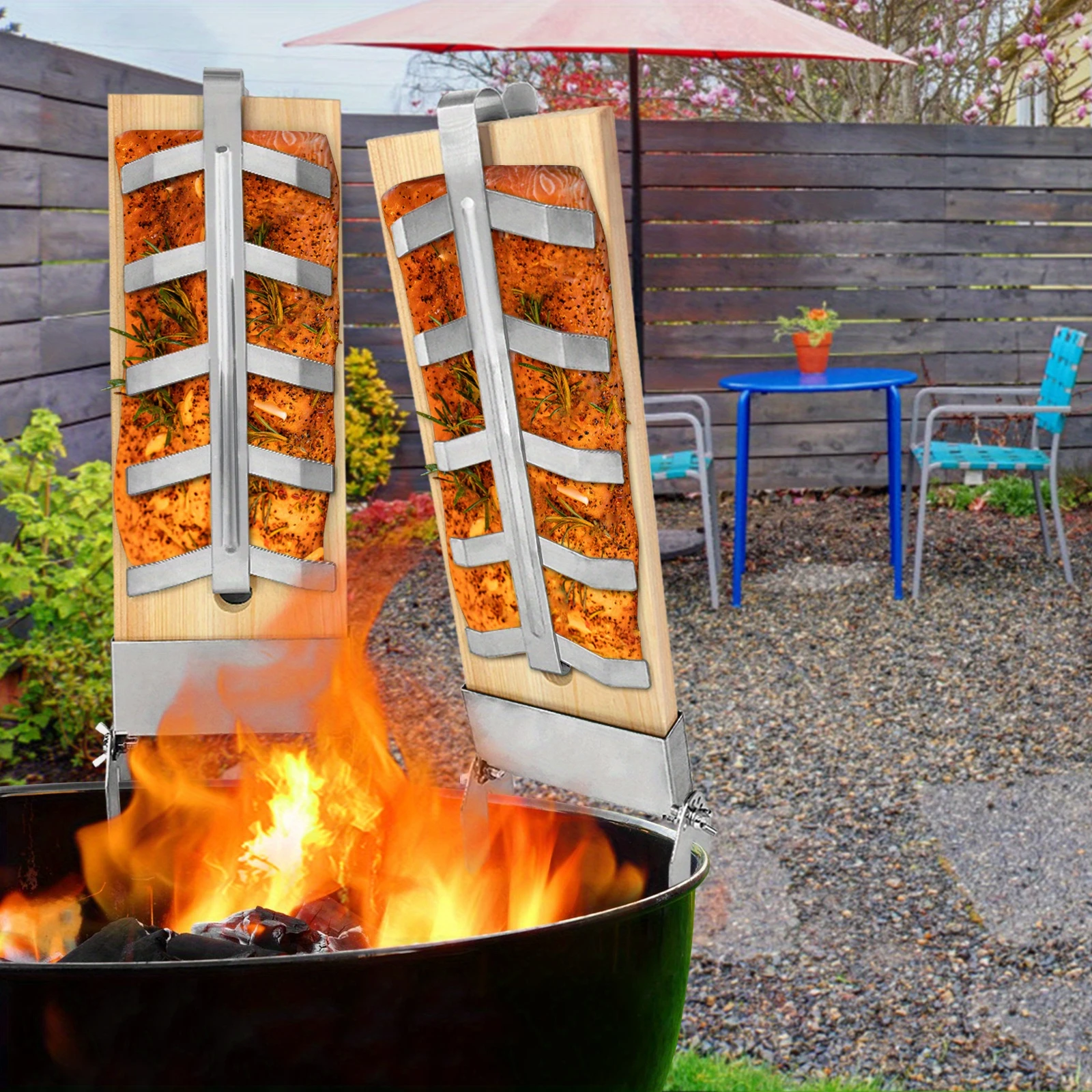 Stainless Steel Flame Salmon Board Holder 5 Levels Adjustable Cedar Wood Plank Fire Bowl Outdoor BBQ Grill Gadget Tool