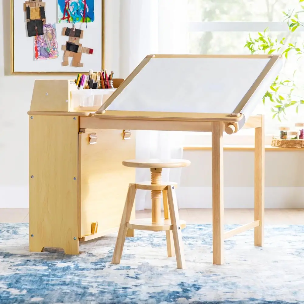 

All-in-One Wooden Art Table for Kids: Adjustable Drawing Table with Storage, 3 Shelves, and Art Supplies Organizer
