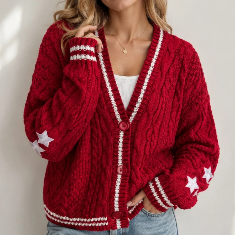 Christmas Red Star Embroidered Cardigan Women Casual Knitted Sweater Ladies Soft Loose Vintage Classic Knitwear Outer Coat Tops