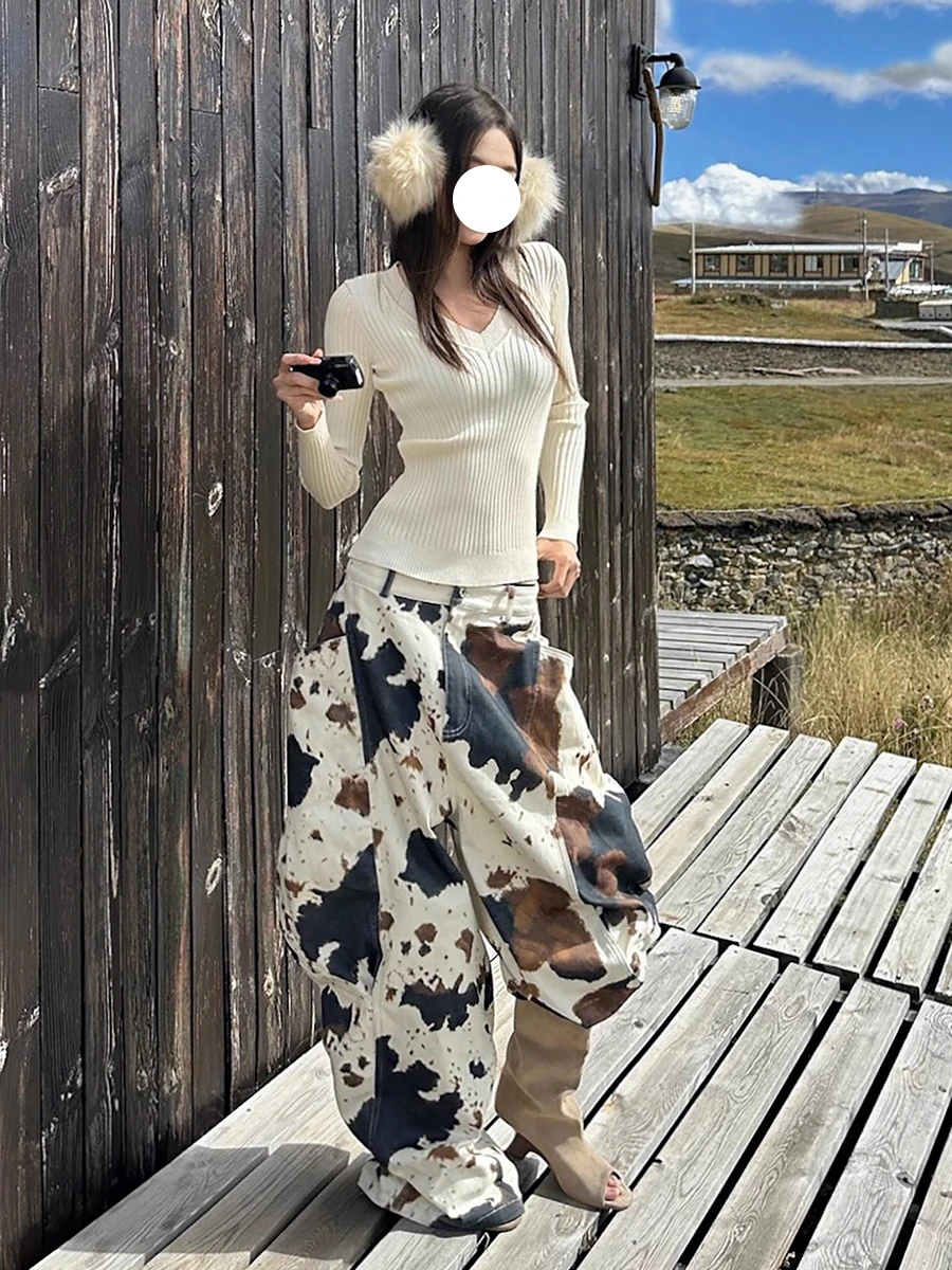 Women's Fleece-Lined Leopard Print Wide Leg Barrel Jeans