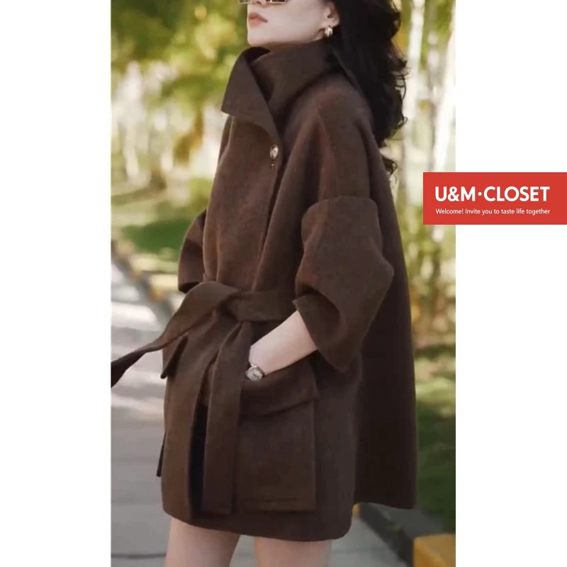 

Женское модное свободное шерстяное пальто с поясом в корейском стиле — облегающее, стильное ретро-художественное, новое поступление на осень и зиму