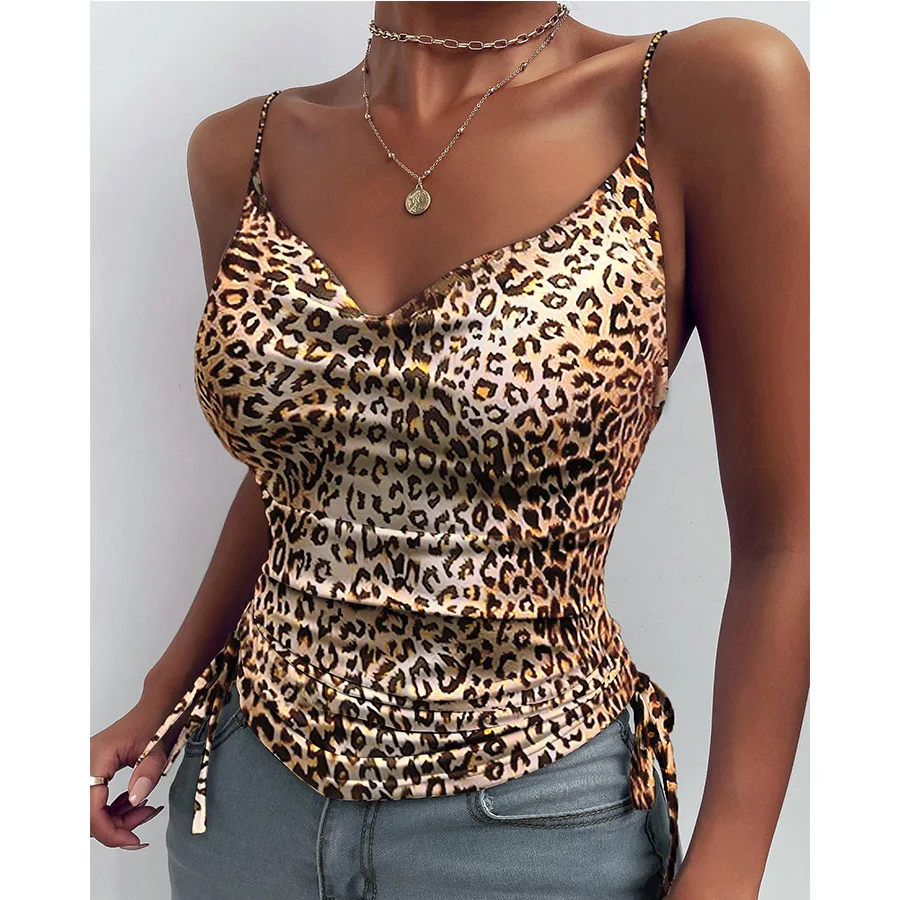 6 color Leopard Print tank Vests Crop Tops Women Sexy Stylish Drawstring Tees Female Vest Femme