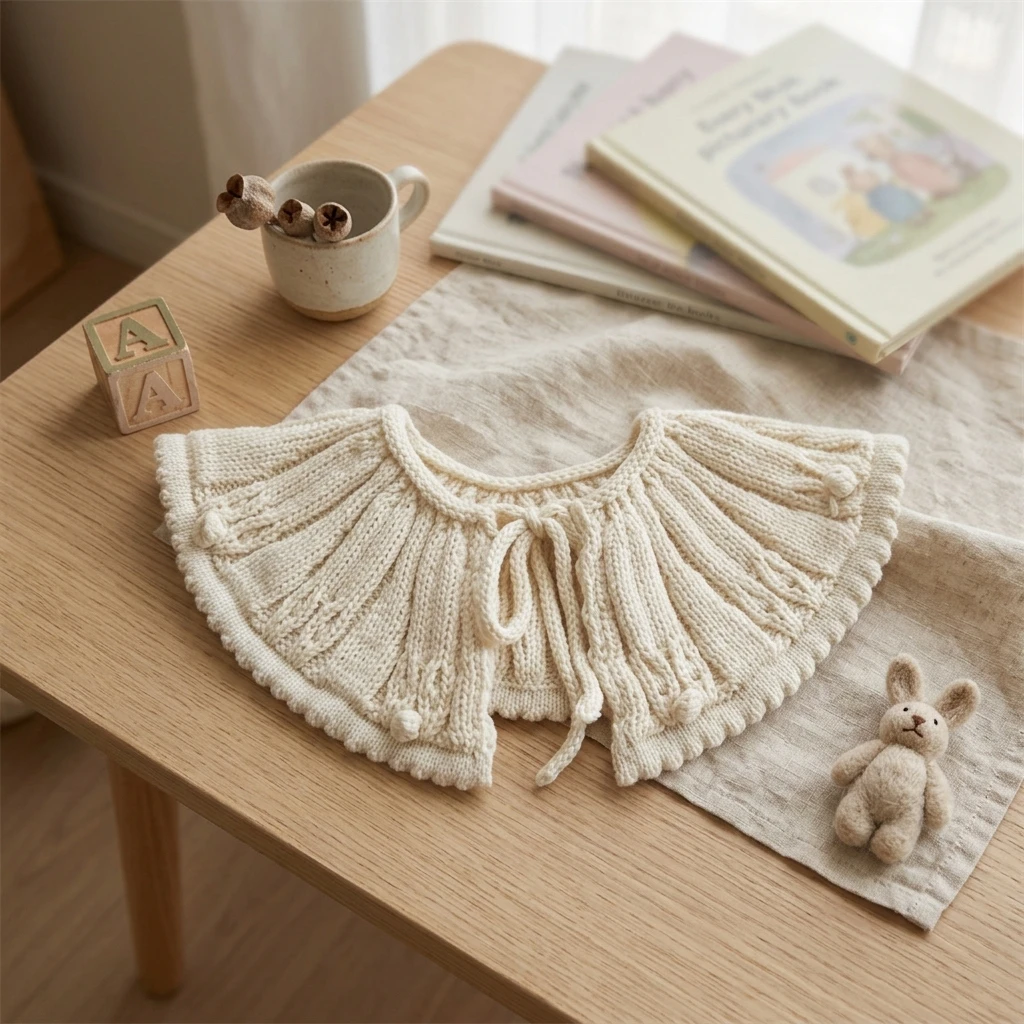 Children Knitted Shawl with Tie Strings for Age 3-12 Soft Warm Acrylic Fiber Autumn Winter Accessory