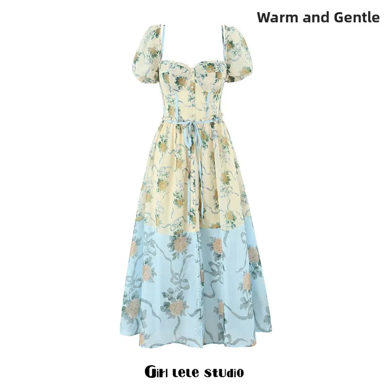 French Sle High Waist Floral Print Dr Women's Long Skirt Square Collar Slimming Design oulder Baring A-Line Summer Dr