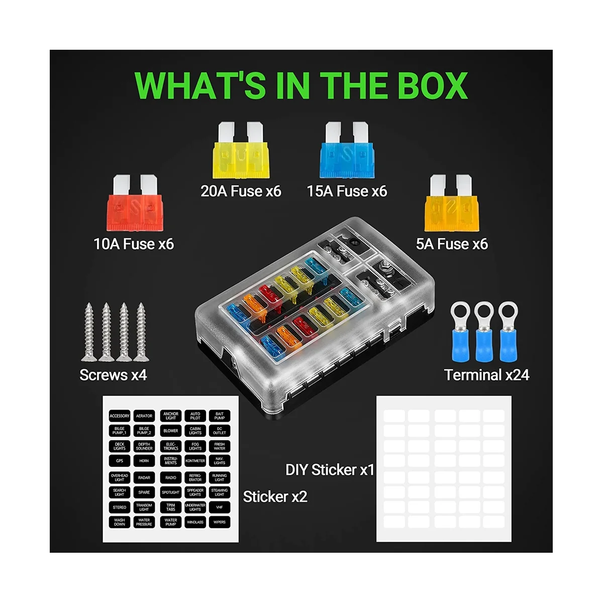 12V Fuse Block 12 Circuit Fuse Box Kit,with LED Indicator with Negative Marine Fuse Box for Dc12-24V Car Boat RV Truck