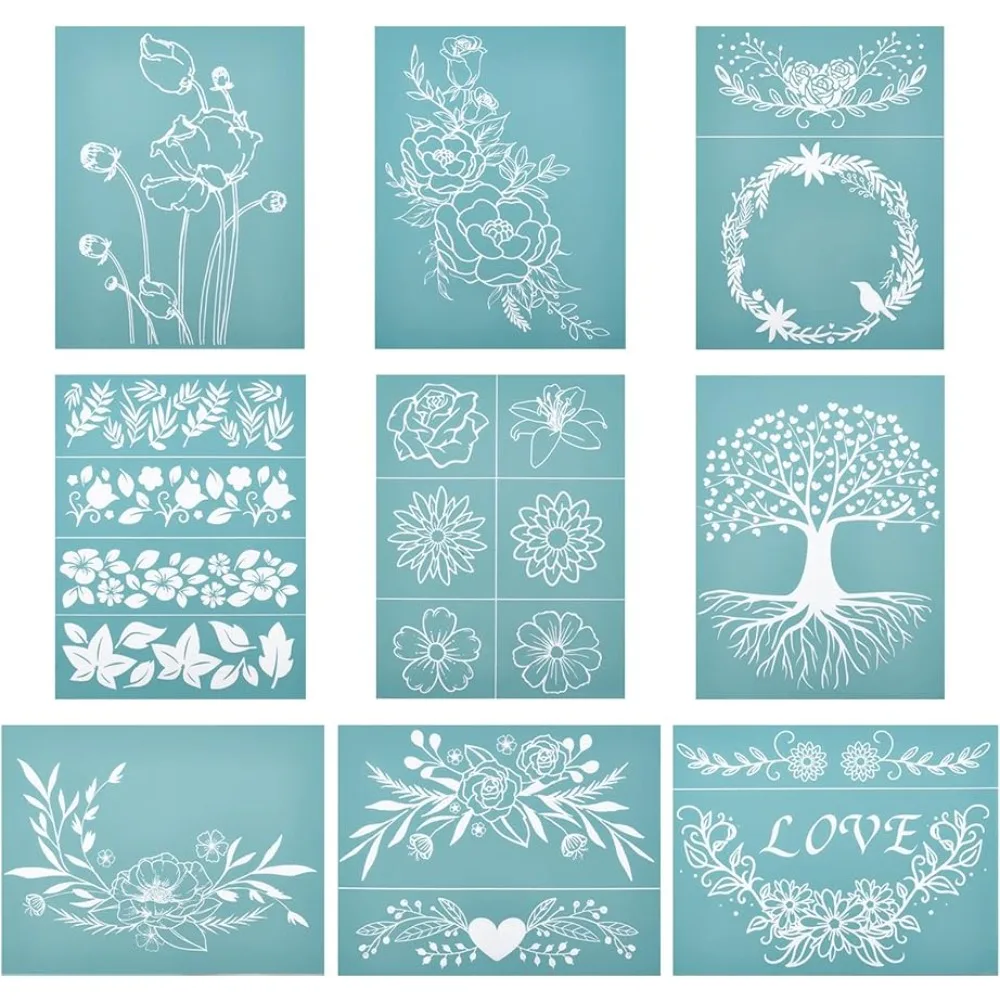 

9PCS SelfAdhesive Silk Screen Printing Stencil Set Floral Theme Stencil Set Reusable Silk Screen Mesh Transfer for Painting