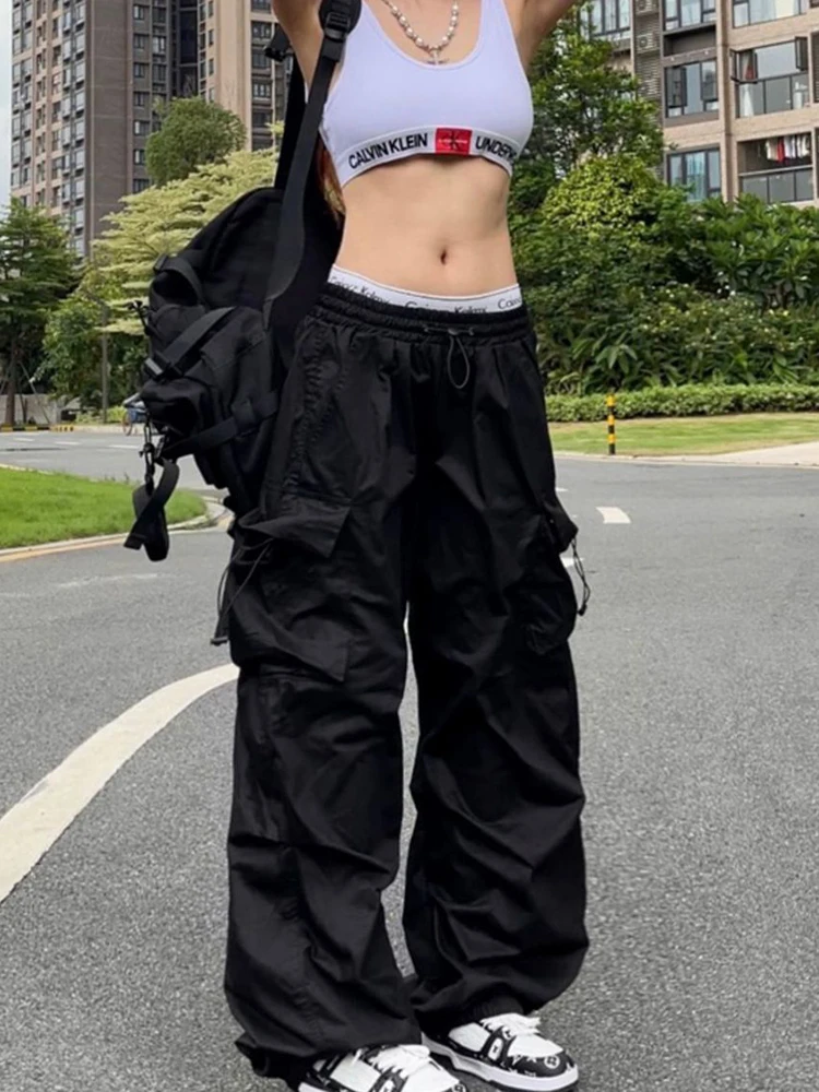 Y2K المظلة السراويل السوداء النساء الهبي الشارع الشهير جيوب كبيرة الحجم البضائع السراويل Harajuku واسعة الساق فضفاض Sweatpants