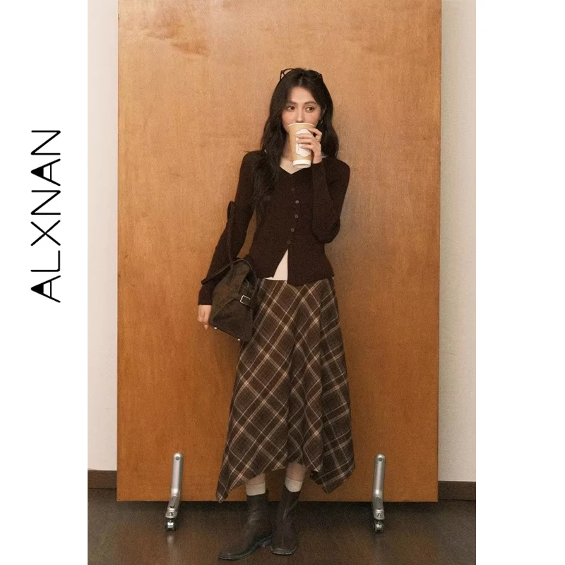 ALXNAN Damenrock, kariert, hohe Taille, unregelmäßiger Saum, A-Linie, 2025, Herbst, schlanker, Damen, sanfte weibliche lange Röcke, L57278