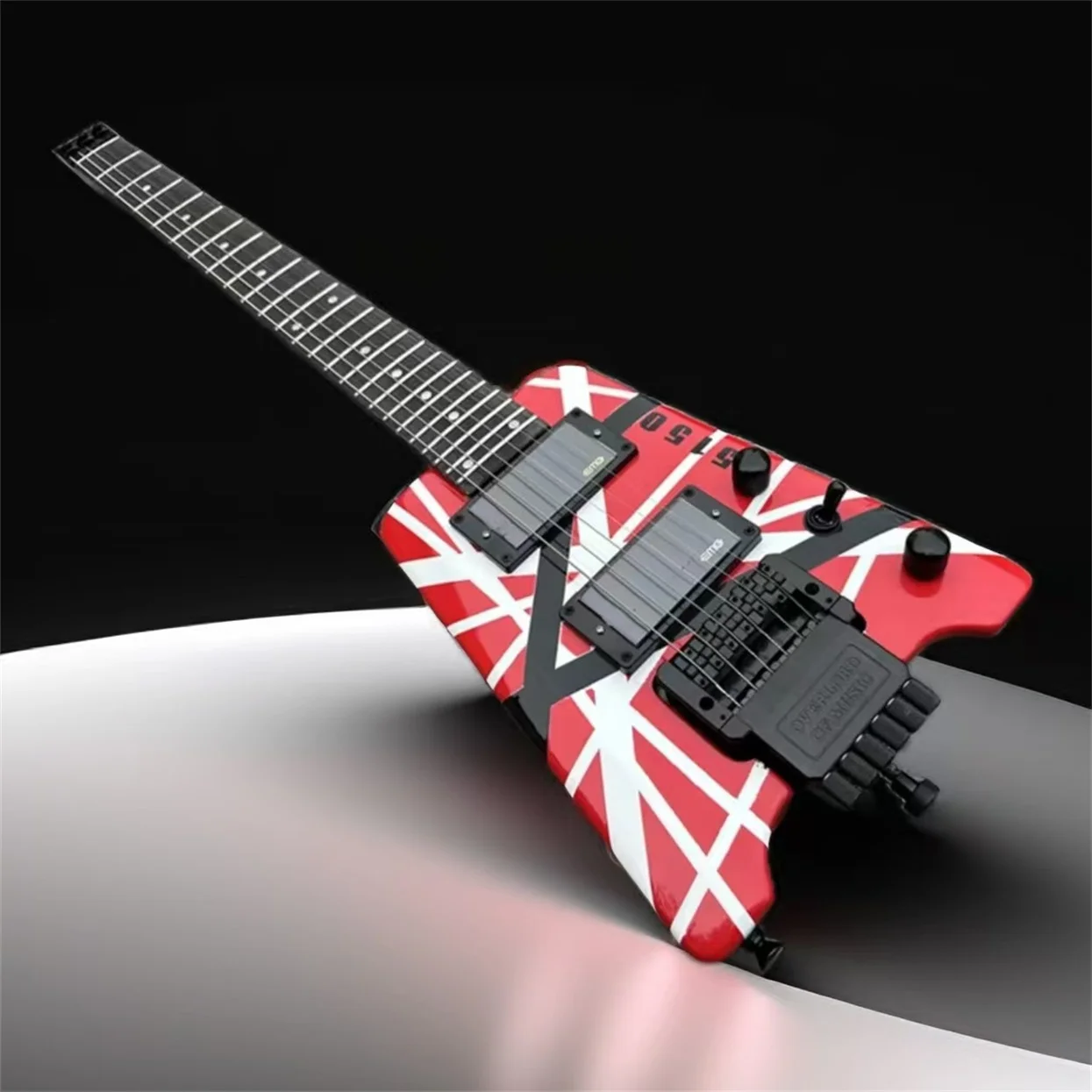 Eddie Edward Van Halen 5150 Red White Black Strips Headless Electric Guitar  China EMG Pickups Tremolo Bridge