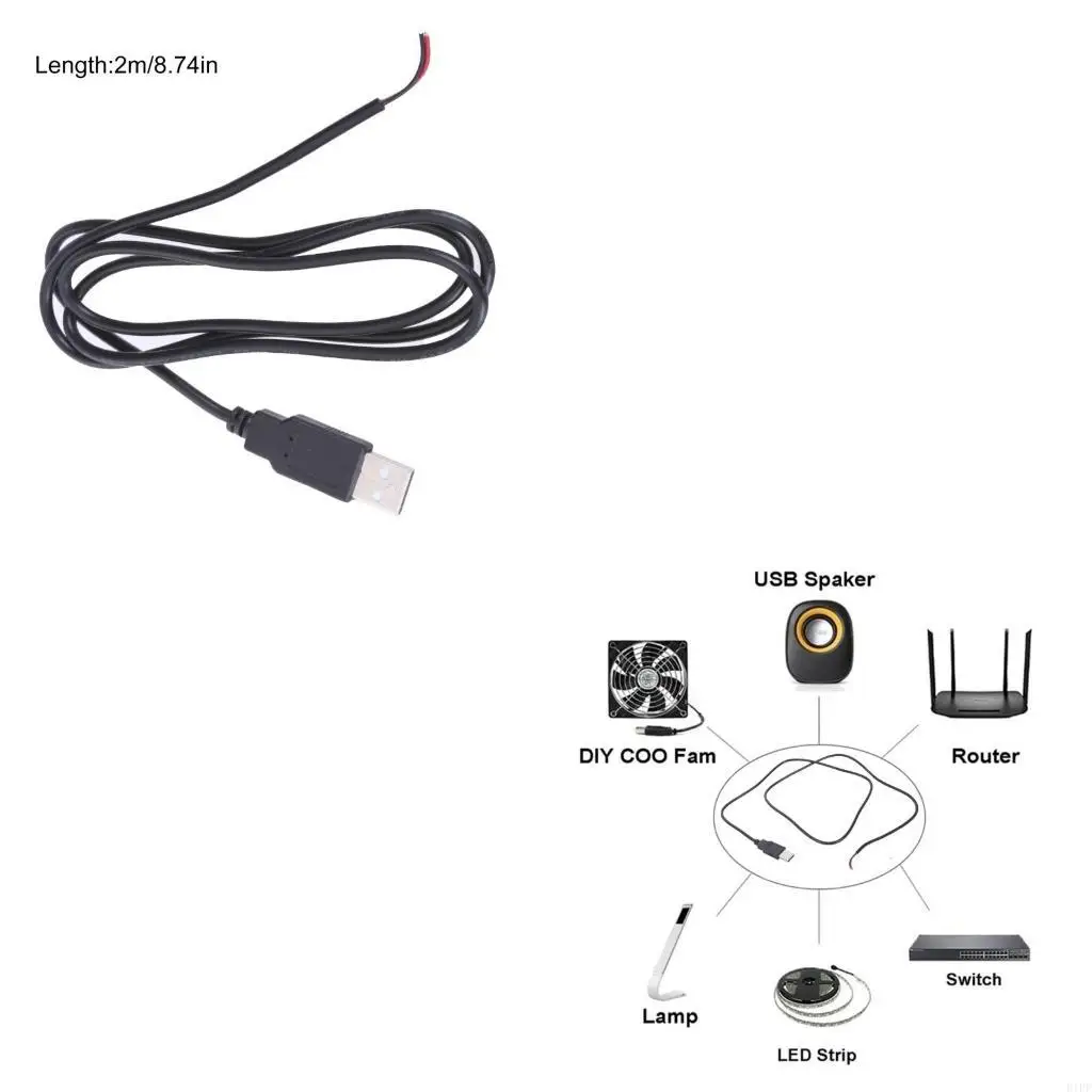 E1PF Charging Cord Extension Wire Power Supply Cable 2 Pin Bare Wire 22AWG USB Male USB Open End Cable for LED Light Fan