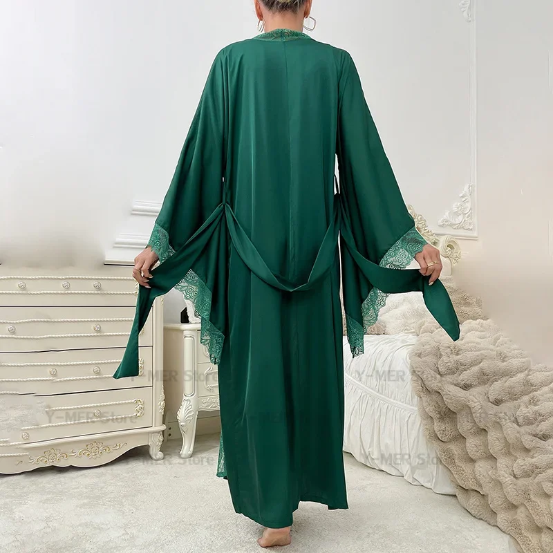 Green Robe Big Lace Sleeve Kimono Bathrobe Lady Elegant Sleeve Soft Rayon Vestidos De Novia Female Autumn Winter Home Dress