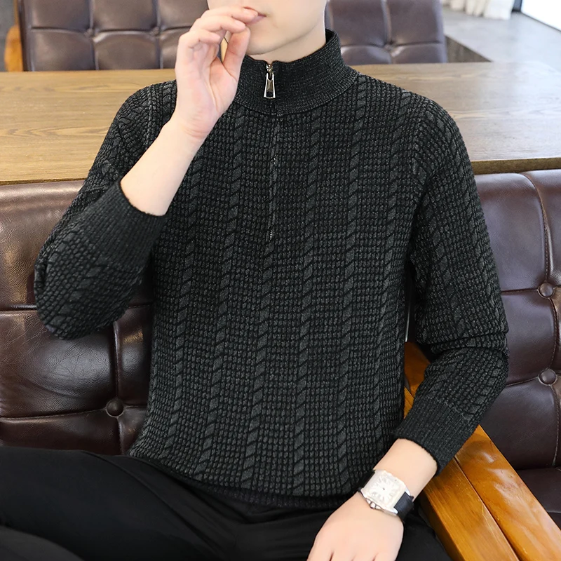 

Мужской вязаный свитер с воротником на молнии, с текстурой и бахромой, осенне-зимний, универсальный, с длинными рукавами, повседневный, из полиэфирного волокна