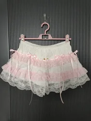 Cute Safety Pants Sweet Girls Flower Bows Pink Lace Patchwork Elastic Waist Lolita Multilayer Bottoming Shorts Kawaii Clothes