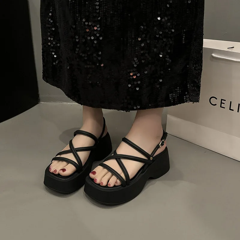 Women High Heels Party Shoes Chunky Sandals 2025 New Summer Cross Tied Sexy Pumps Rome Ladies Shoes Heel Slippers Mujer Zapatos image 4