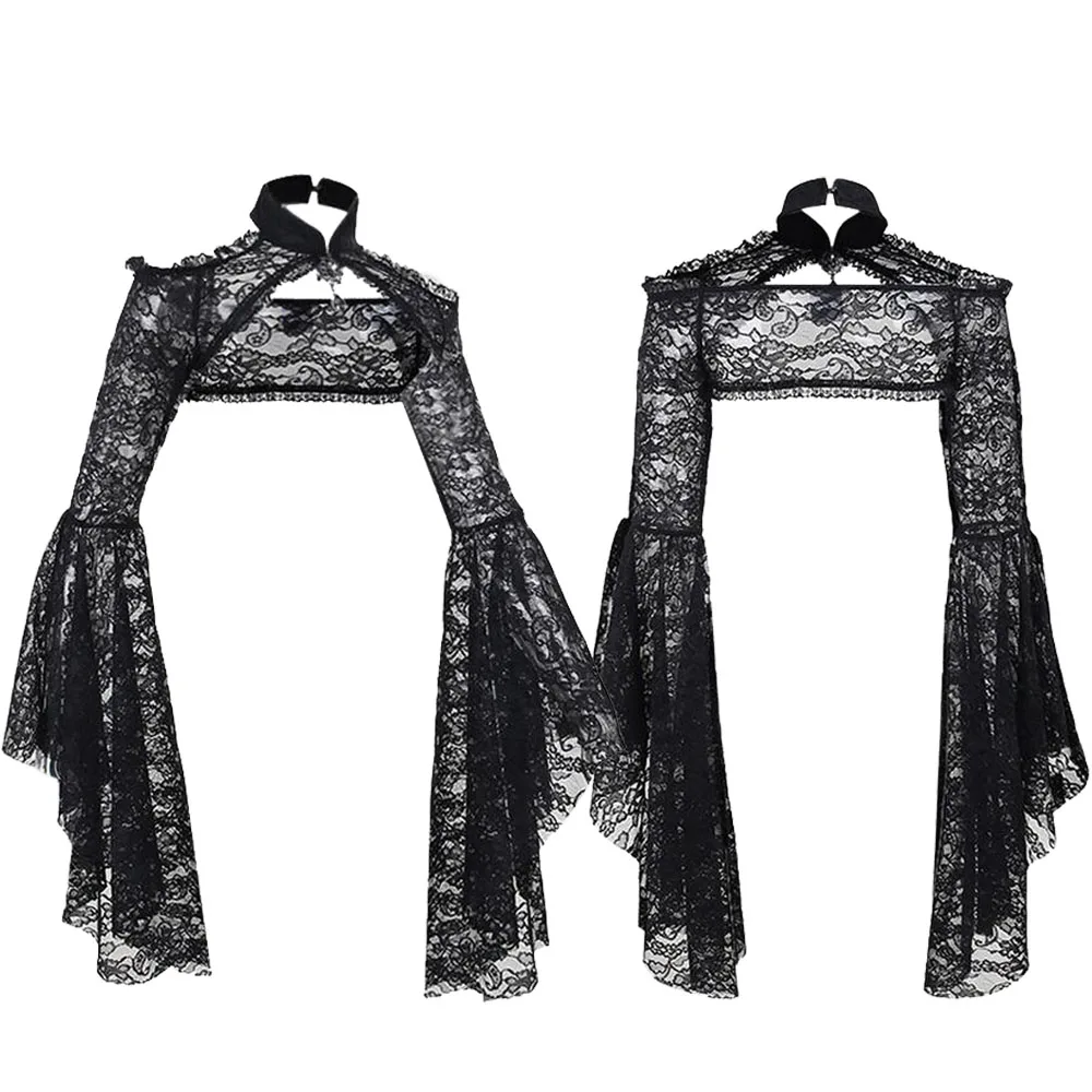 

Gothic Crop Tops for Women, Black Flare Sleeves Floral Paisley Lace Panel Cut Out Halloween Shurg Top