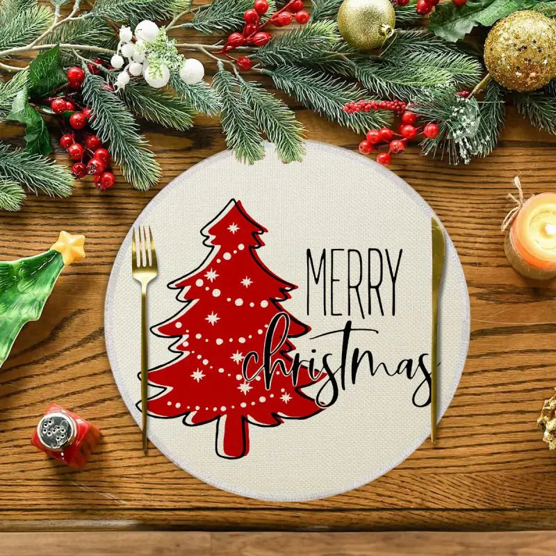 VIKAMA Cream Buffalo Plaid Tree Round Placemat Red Black Check Star Merry Text Farmhouse Xmas Table Mat Lightweight Soft Durable