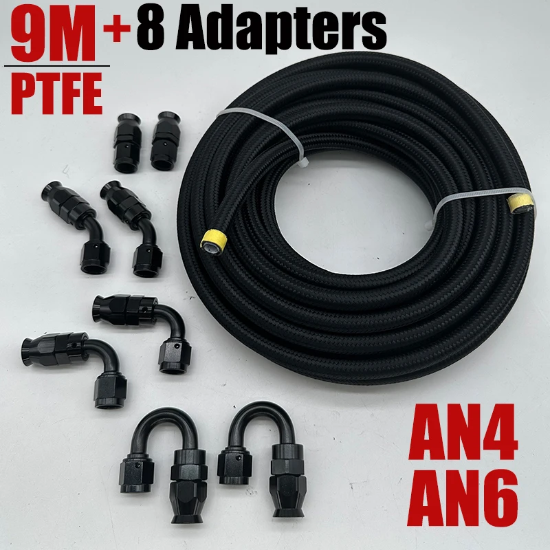 

9M 30ft AN4 AN6 E85 Tube Nylon Stainless Steel Braided PTFE Car Fuel Line Fitting Kit 0+45+90+180 Degree 8Pcs Swivel Hose Ends