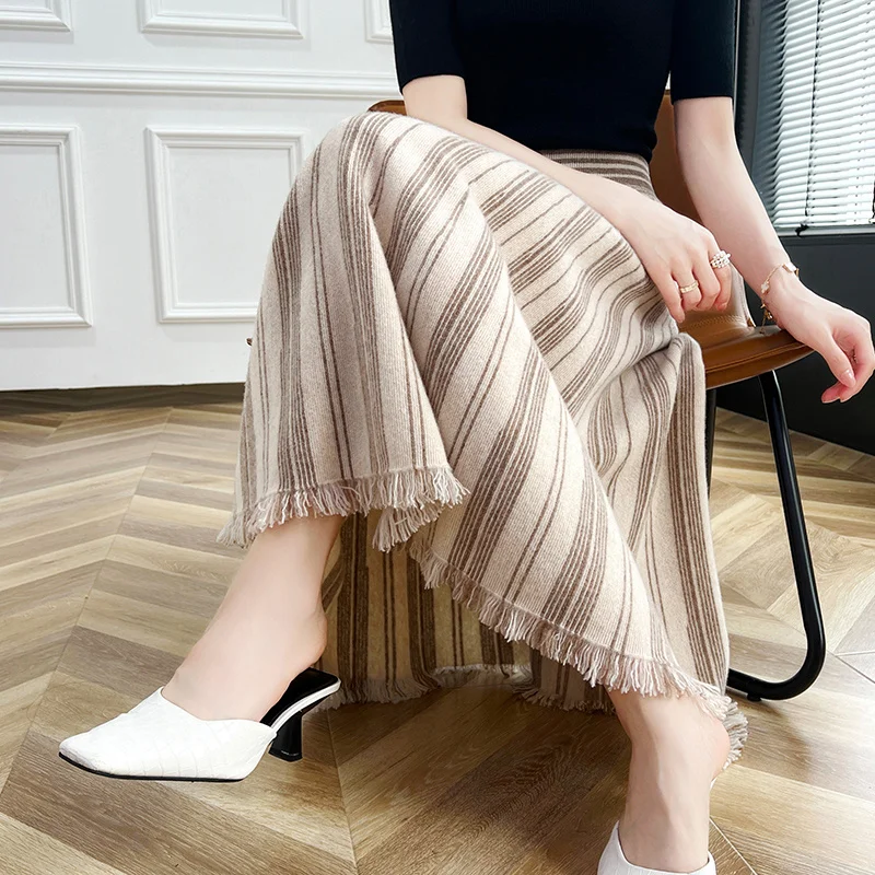 100% Pure Wool Knitted Skirt Ladies' Autumn High-End Mid-Length Covered High Waist A-Shaped Cashmere Pleated Skirt