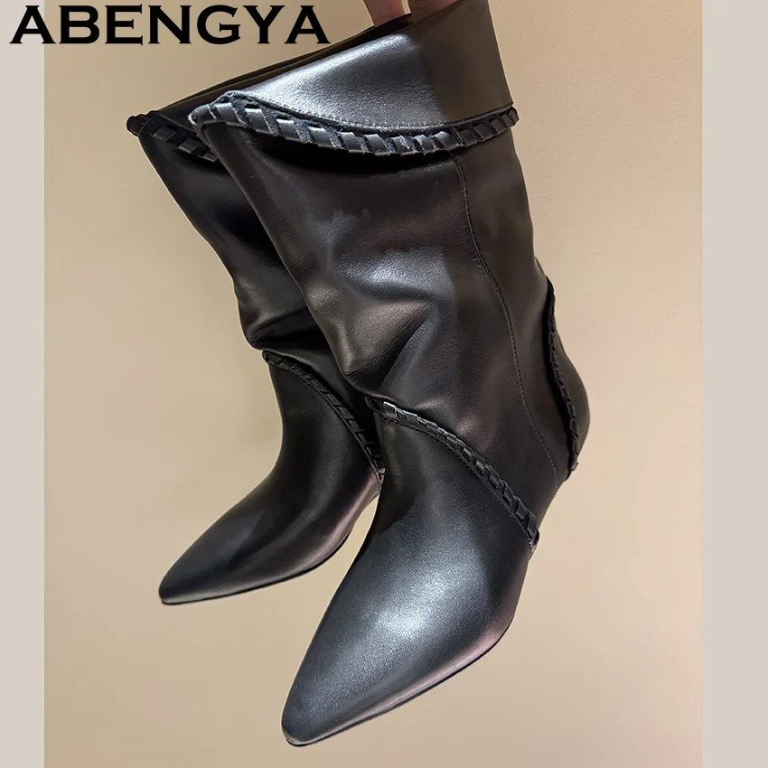 

2026 Real Suede Leather Fashion Week Ankle Boots Women Pointy Toe Spike Heels Chelsea Boots Woman Winter Knight Boots Mujer