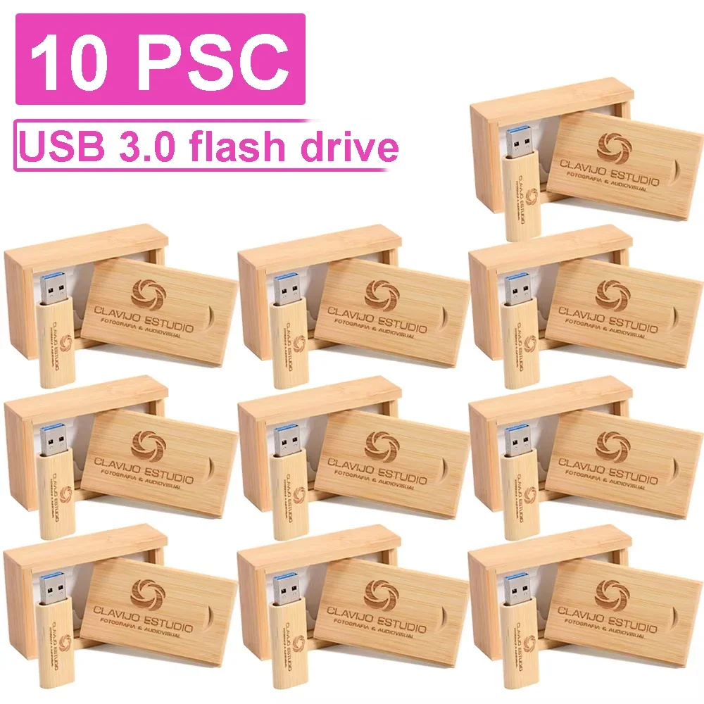 10pcs/lot Bamboo USB Flash Drive 128GB Free Custom Logo Memory Stick 64GB Photography Studio Pen Drive 32GB 16GB Creative Gift