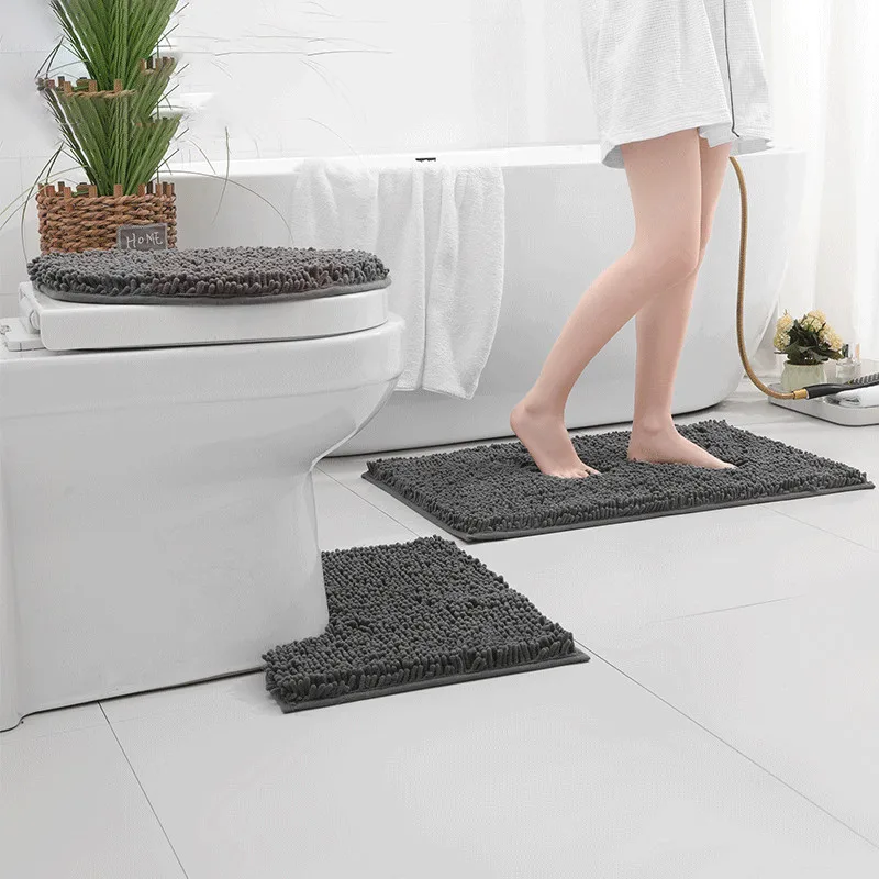 

Set of 3 Bathroom Bath Mat Set Soft Non-Slip 3PCS Chenille Mat Bathroom Rug Absorbent Shower Rug Toilet Cover Floor