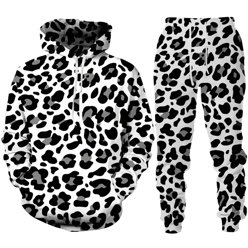 3D Leopard Print Men's Hoodie Pants 2Pcs Outfits Casual Men Women Hooded Sweatshirt Sets Autumn/Winter Oversized Tracksuit Suits