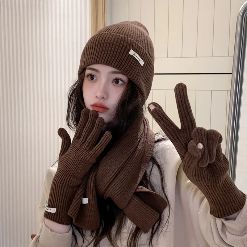 Solid Color Knitted Wool Hat, Scarf, and Gloves Set - Autumn/Winter Fake Cashmere Red Warm New Year Christmas Set