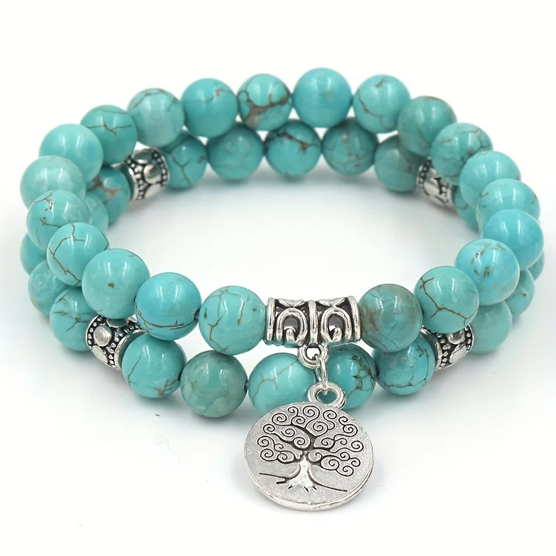 8mm Turquoise Bracelet for Men Women Natural Stone Handmade String Beads Chain Bangle Tree of Life Pendant Bohemia Charm Jewelry