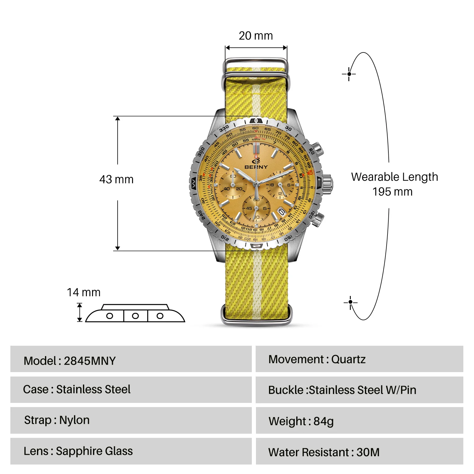 BERNY Chronographen-Uhren für Herren, superleuchtende, multifunktionale Quarz-Herrenuhr mit Datum, Saphir-Nylonarmband – Detail 2