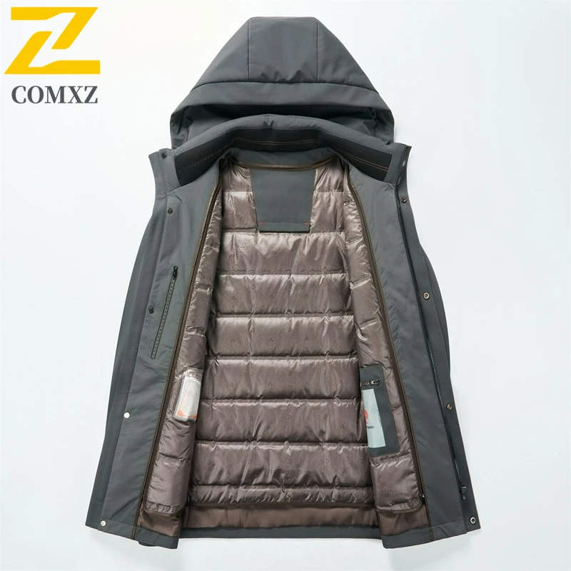 COMXZ Brand Winter Luxury Down Jacket Men Detachable White Duck Down Lined Warm Parka 2025 Casual Cold-proof Trench Coat Puffer