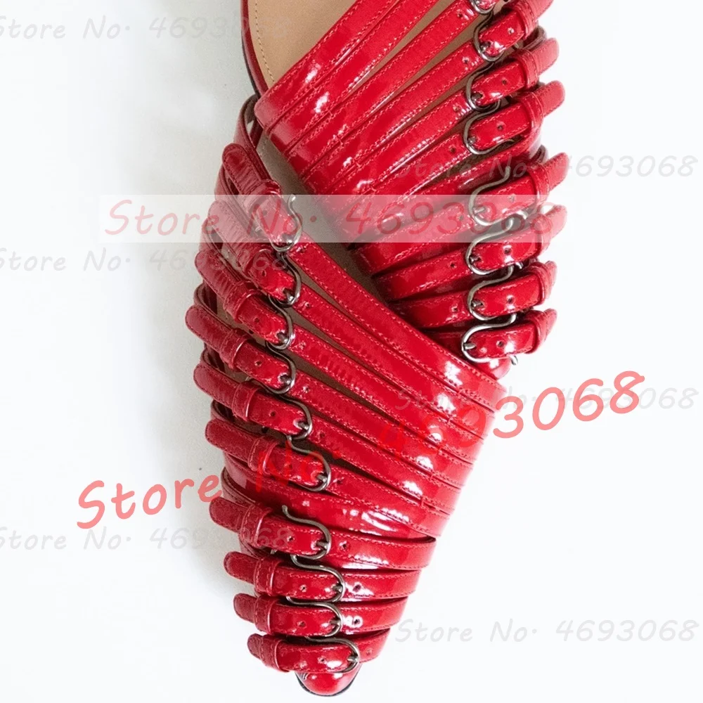 Red Multi Buckle Straps Flat Sandals Women Stylish Back Strap Pointy Toe Comfy Shoes Trendy Belt Buckles Metallic Leather Sandal