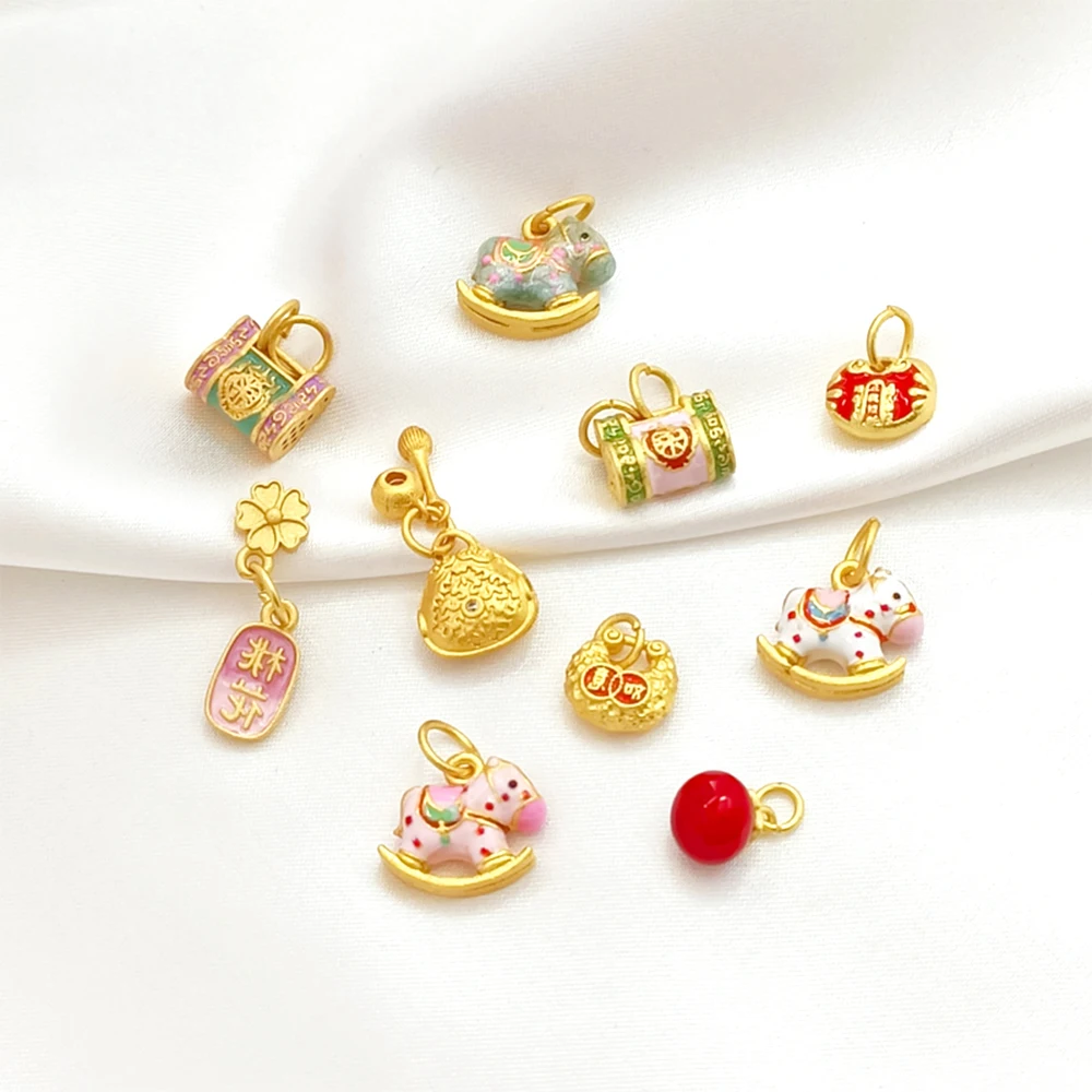 

Matte Gold Drip Oil Chinese Style Yuanbao Ruyi Lock Mini Trojan Horse Pendant DIY Fashion Jewelry Making Accessory Materials