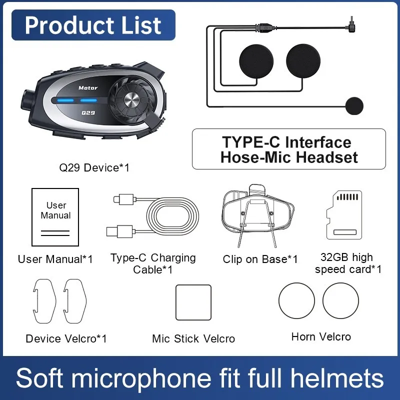 Hot Selling Q29 Motorcycle Helmet Headset with Camera 1080p Wireless Motorbike 2 People Intercom 500M with Multi-people Music