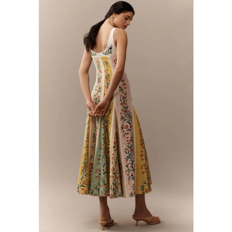 Summer Women Loose Linen Floral Bohemian Dress INS Elegant Strap V Neck Corset Flowy Vacation Beach Boho Long Dress