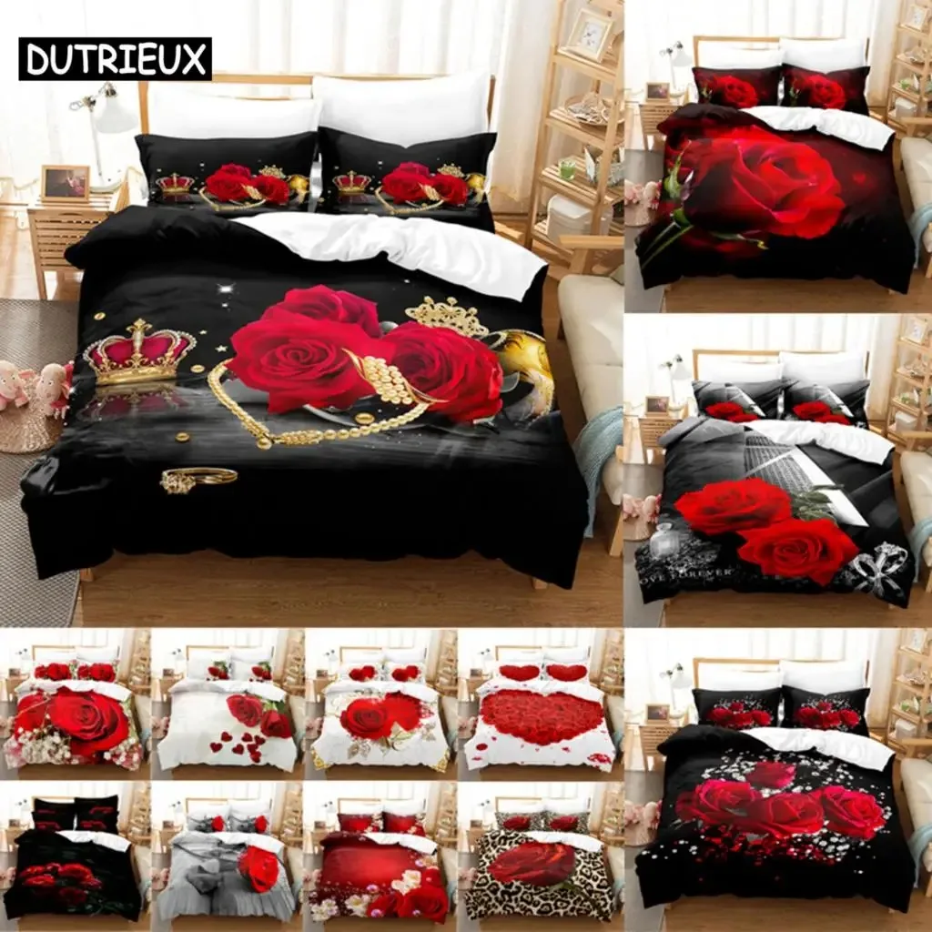 

Red Roses Duvet Cover Set Queen Size King Full 3D Bedding Sets Flower Pillowcase Quilt Linens Single Double Bed 220x240 200x200